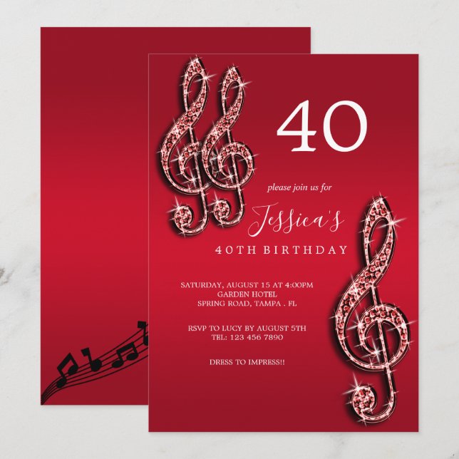 Invitation Glitzy Red Music Notes Anniversaire (Devant / Derrière)