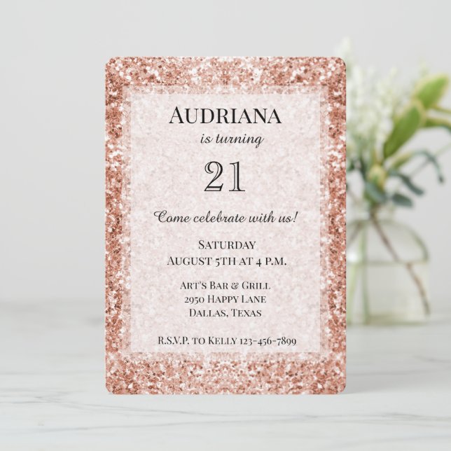 Invitation Glitzy Rose Gold Parties scintillant Anniversaire (Debout devant)