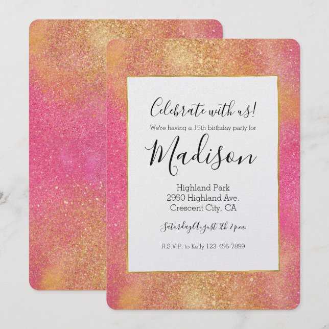 Invitation Glitzy rose or étincelle et brillant anniversaire (Devant / Derrière)