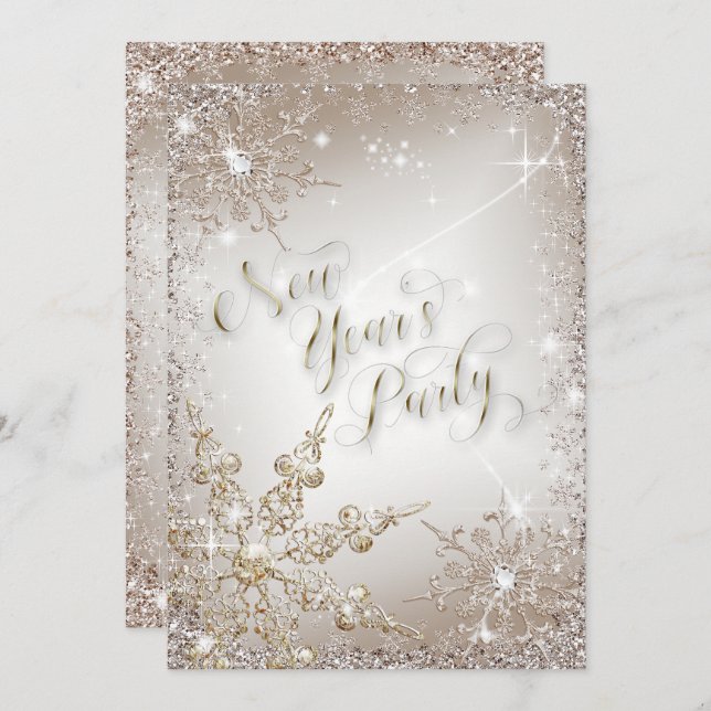 Invitation Glitzy Snowflakes Gold New Year's Eve Party (Devant / Derrière)