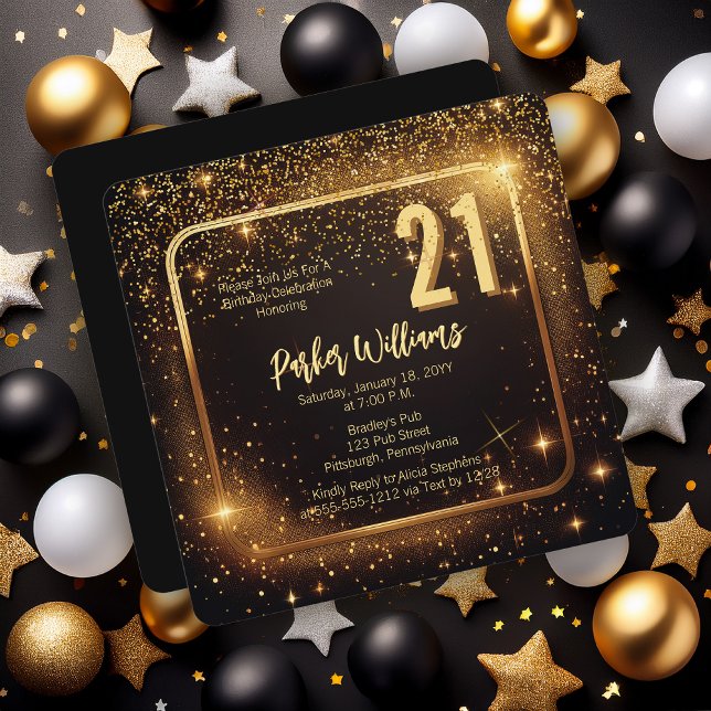 Invitation Glitzy Sparkles | Stars Gold 21st Birthday Party (Glitzy Sparkles Black and Gold Tone Modern Elegant 21st Birthday Party Square Invitation )