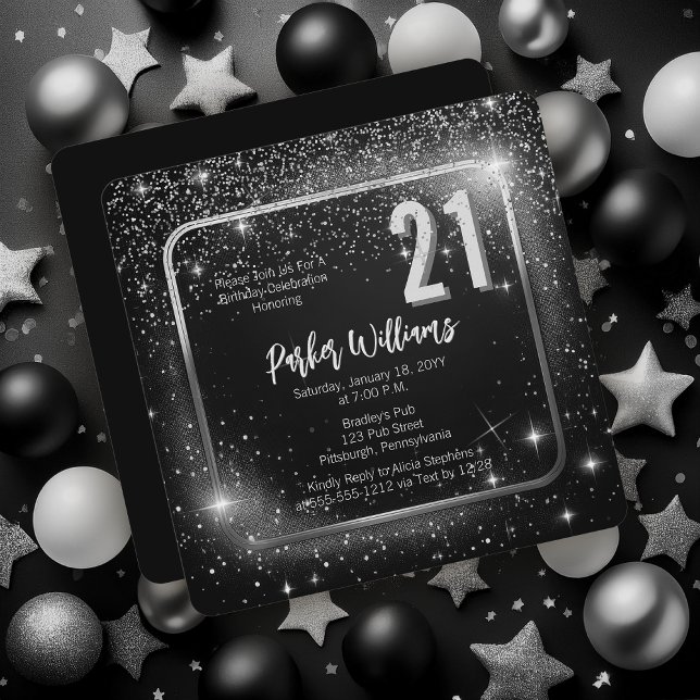 Invitation Glitzy Sparkles | Stars Silver 21st Birthday Party (Glitzy Sparkles Black and Silver Tone Modern Elegant 21st Birthday Party Square Invitation )