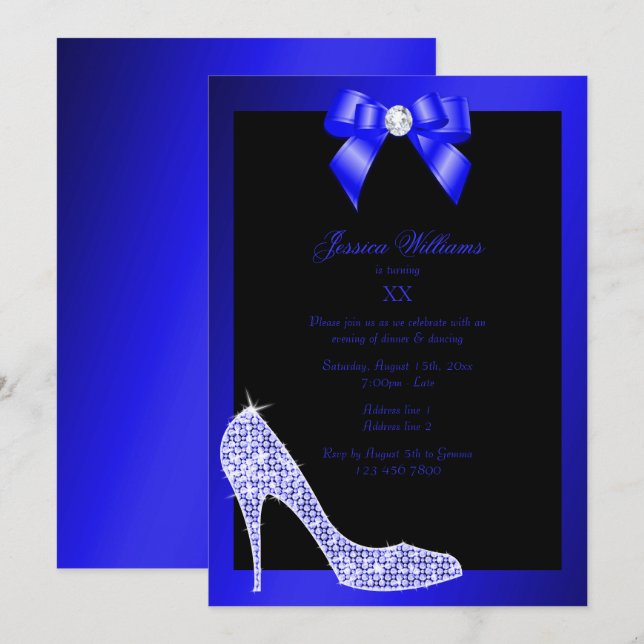 Invitation Glitzy Sparkly Stiletto, Anniversaire Ruban Bleu F (Devant / Derrière)