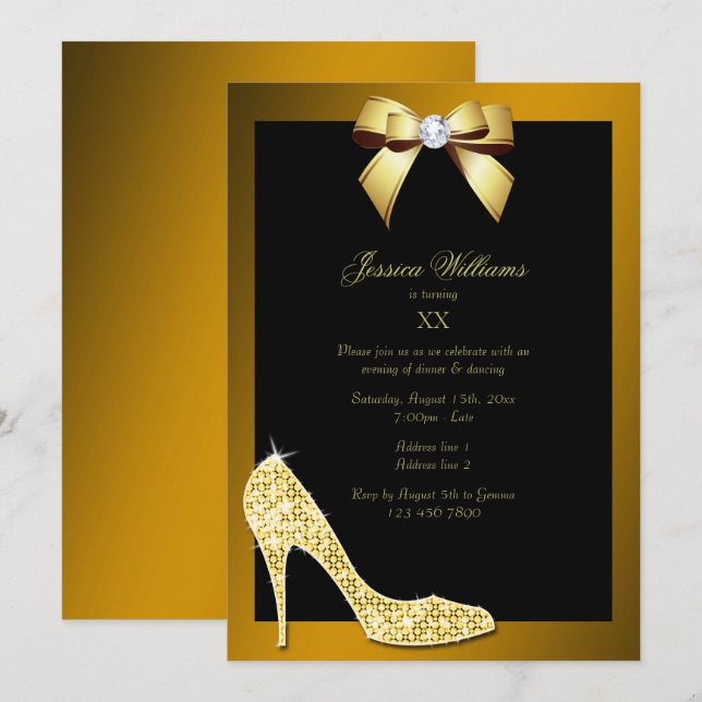 Invitation Glitzy Sparkly Stiletto, Gold Bow Anniversaire (Devant / Derrière)