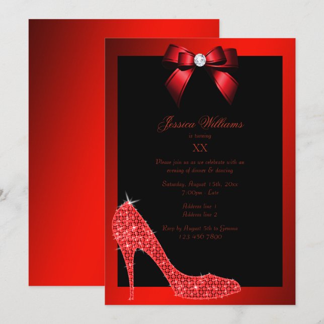 Invitation Glitzy Sparkly Stiletto, Red Bow Birday Party (Devant / Derrière)