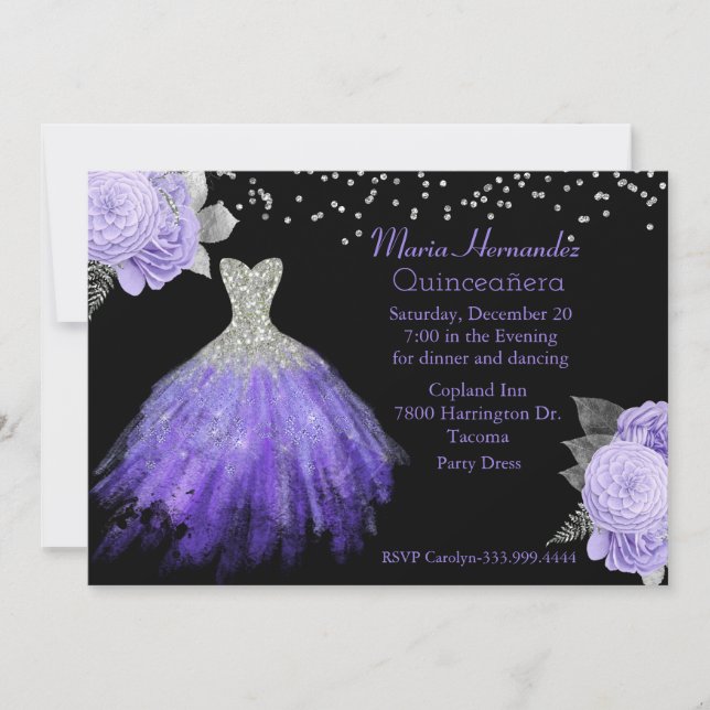 Invitation Glitzy violet et argenté Quinceañera 2 (Devant)