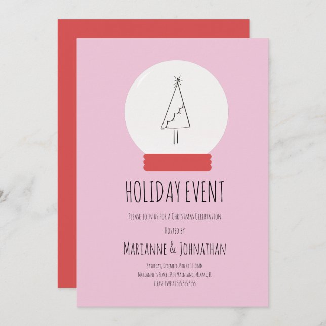 Invitation Globe des neiges, fête de Noël, arbre tiré main (Devant / Derrière)