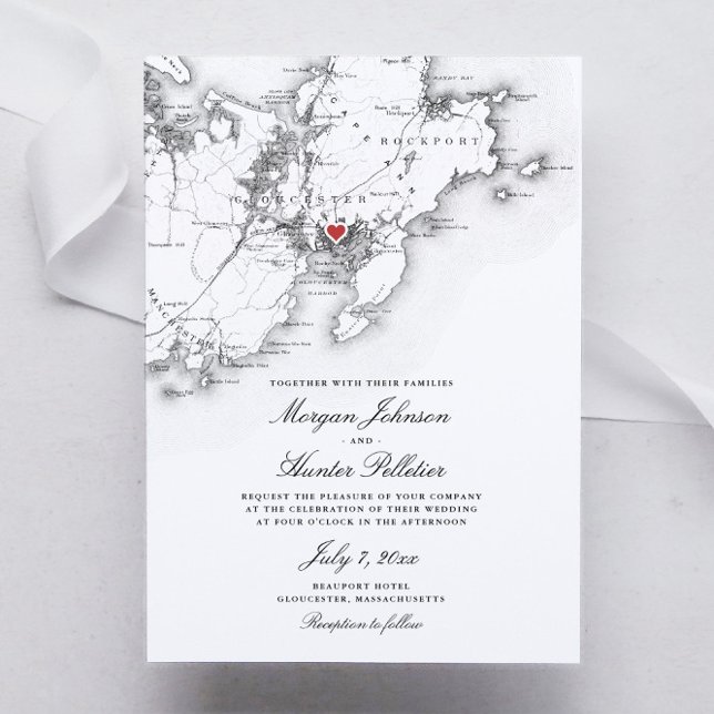 Invitation Gloucester Cape Ann Elegant Mariage noir blanc (Gloucester Massachusetts elegant black and white map wedding invitation)