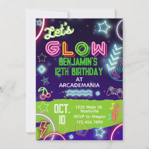Invitation GLOW Anniversaire Jeux Arcade Party Glow Neon 80s