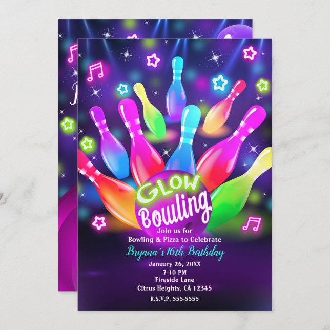 Invitation Glow in the Dark Bowling Bowl Anniversaire (Devant / Derrière)