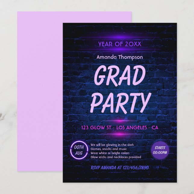 Invitation Glow in the Dark Neon Disco Graduation Party (Devant / Derrière)