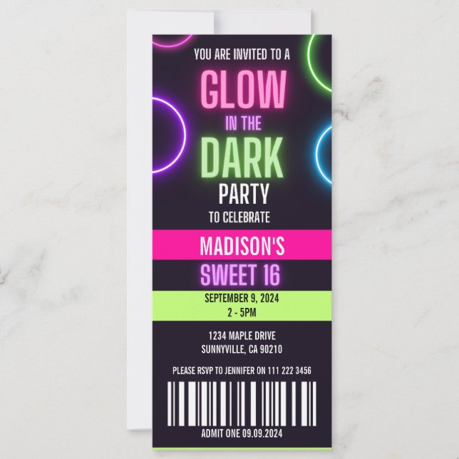 Invitation Glow In The Dark Neon Sweet 16 Party Ticket (Devant)