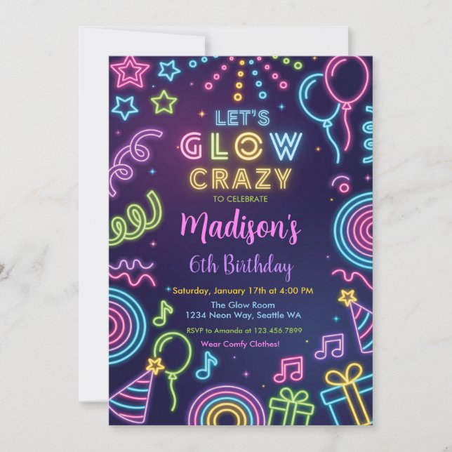 Invitation Glow Party Birthday Invitation, Neon Glow Theme (Devant)