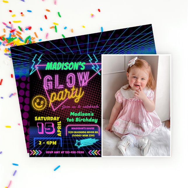 Invitation Glow Party Neon coloré Anniversaire Photo (Créateur téléchargé)
