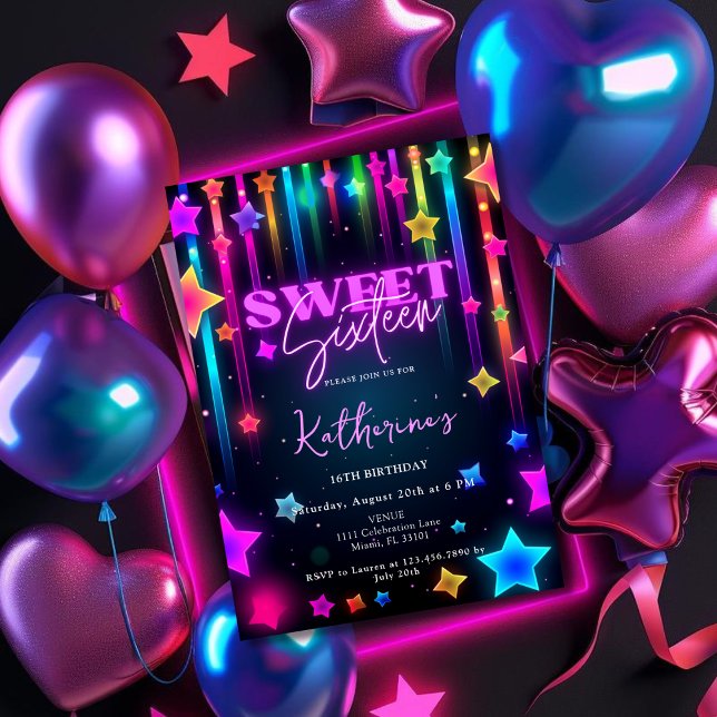 Invitation Glow Sweet 16 Seteen Retro 80s Neon Bright (Glow Sweet 16 Sixteen Retro 80s Neon Bright Invitation)