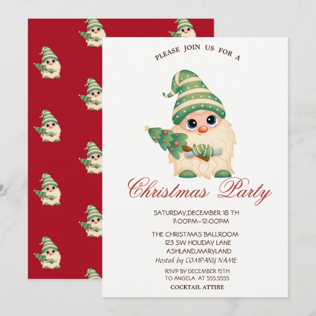 Invitation Gnome Christmas Tree Red Company Christmas Party (Devant / Derrière)