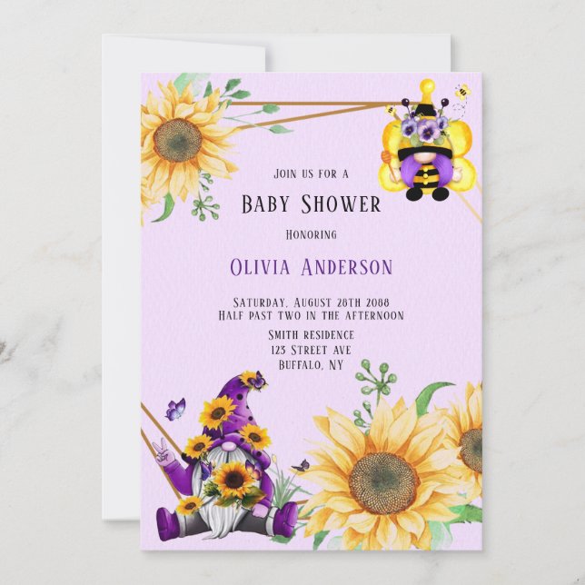 Invitation Gnome d'abeilles dans le Baby shower Floral pourpr (Devant)