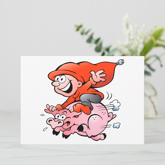 Invitation Gnome de dessin animé drôle chevauchant un cochon  (Créateur téléchargé)