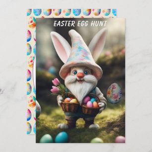 Invitation Gnome de lapin avec panier Chasse aux oeufs de Pâq