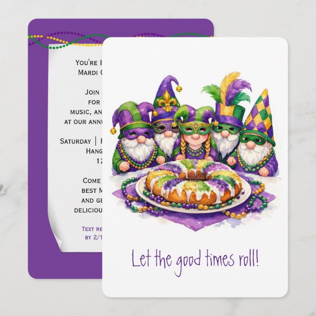 Invitation Gnome de Mardi Gras avec gâteau du roi (Devant / Derrière)