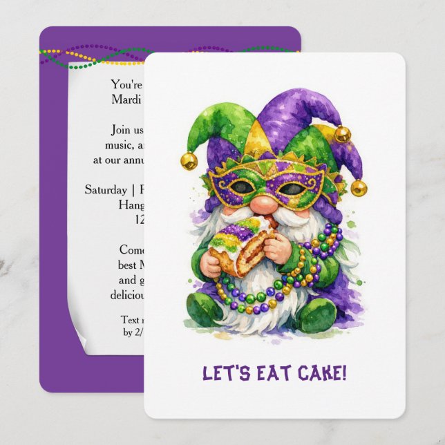 Invitation Gnome de Mardi Gras mangeant une galette des rois (Devant / Derrière)