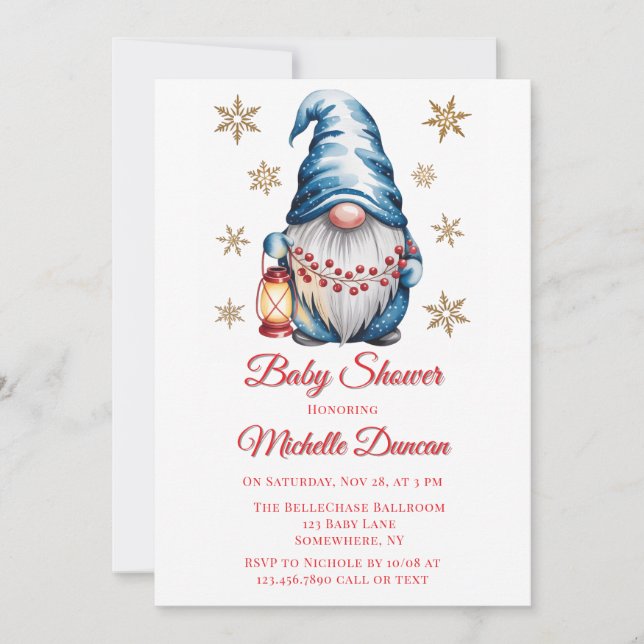 Invitation Gnome de Noël Bleu Baby Shower (Devant)