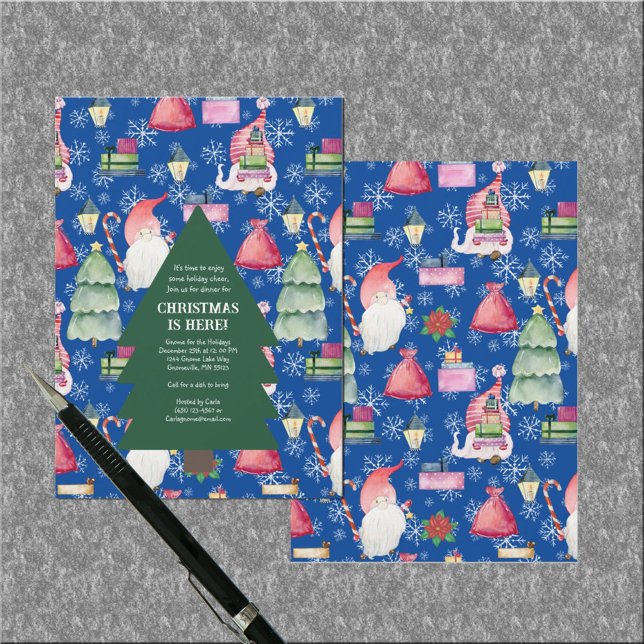 Invitation Gnome de Noël pour les vacances Arbre Motif Bleu (Christmas Gnome for Holidays Tree Pattern Blue Invitation)