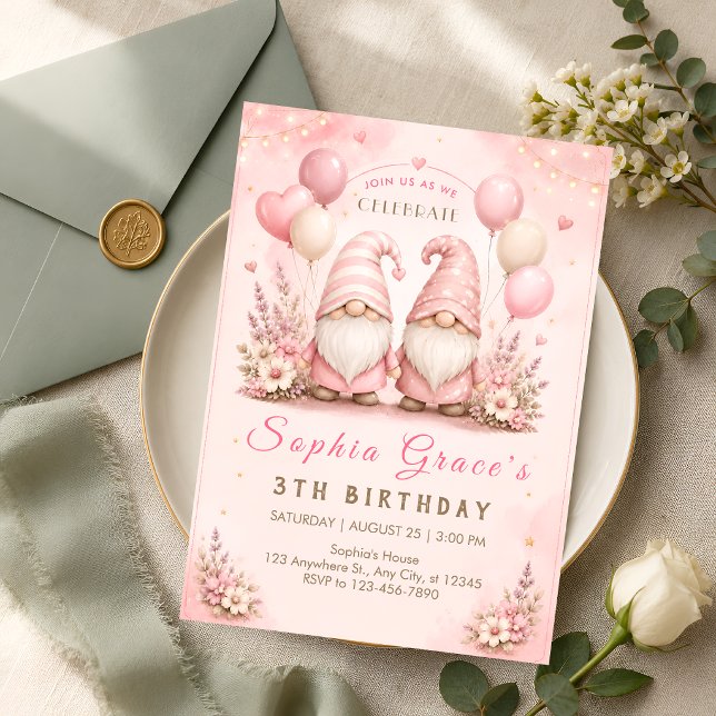 Invitation Gnome Rose Fantaisiste pour 3ème Anniversaire (Créateur téléchargé)
