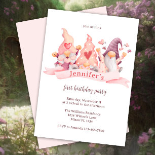 Invitation Gnome rose mignonne Premier anniversaire