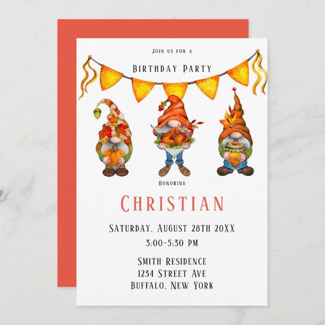 Invitation Gnome Thanksgiving Thème Anniversaire Fête Invitat (Devant / Derrière)