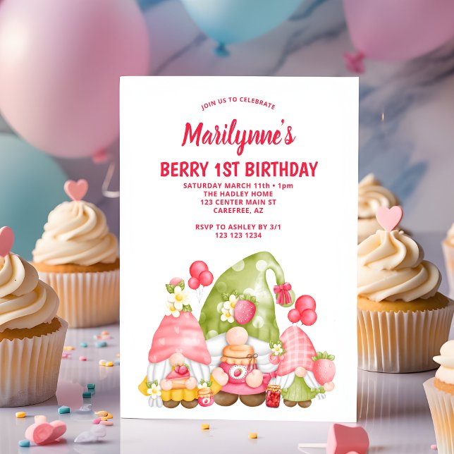 Invitation Gnomes de la première fraise Berry Anniversaire (Créateur téléchargé)