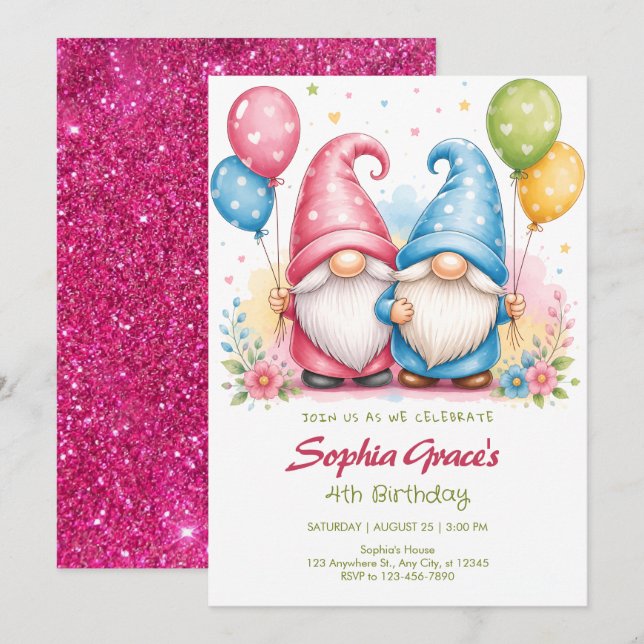 Invitation Gnomes joyeux colorés avec ballons (Devant / Derrière)