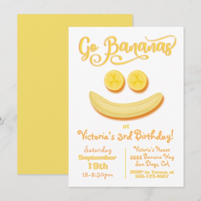 Invitation Go Bananas Joyeux visage fête d'anniversaire (Devant / Derrière)