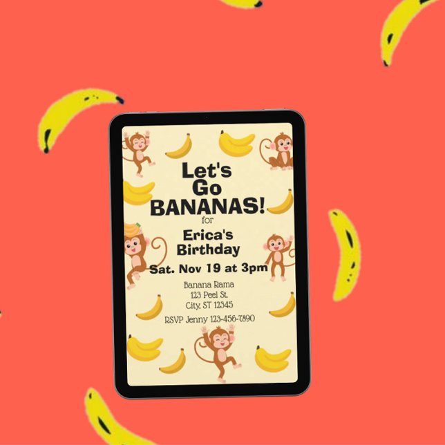 Invitation Go Bananas, Yellow Monkey Birthday (Créateur téléchargé)