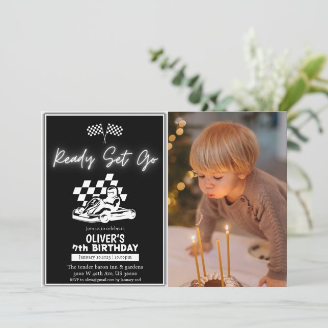 Invitation Go karting, course voiture garçon photo anniversai (Debout devant)