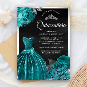 Invitation Gobelet Turquoise Roses Black Silver Quinceanera