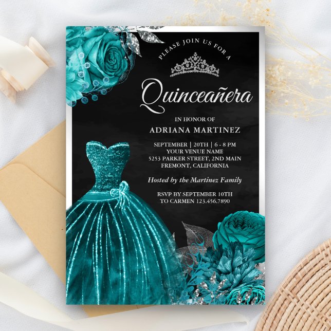 Invitation Gobelet Turquoise Roses Black Silver Quinceanera (Créateur téléchargé)