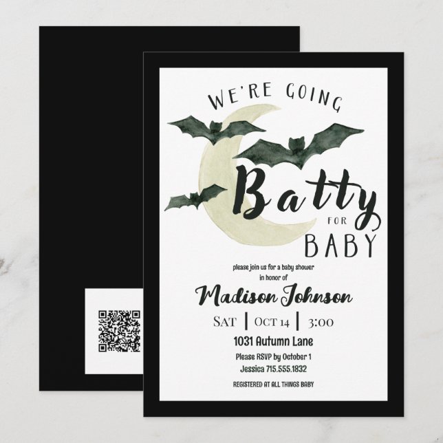 Invitation Going Batty For Baby October Baby Shower QR Code (Devant / Derrière)