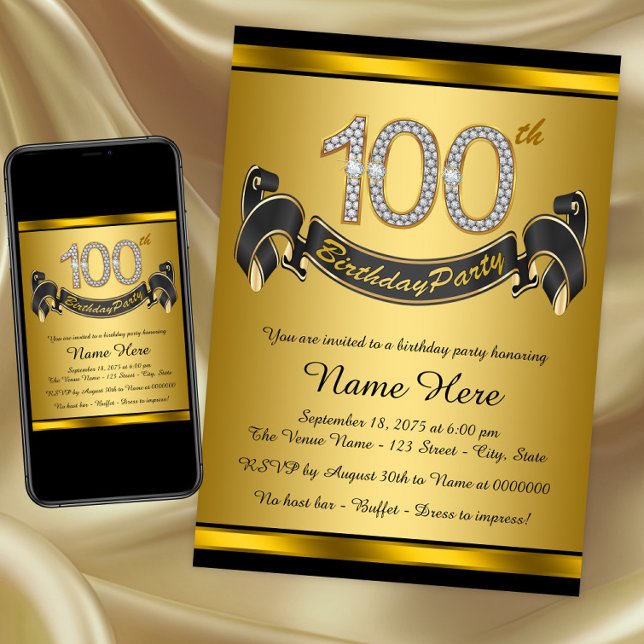 Invitation Gold 100th Birthday Party (100th birthday party invitation. Instant download and printed invitations available.)