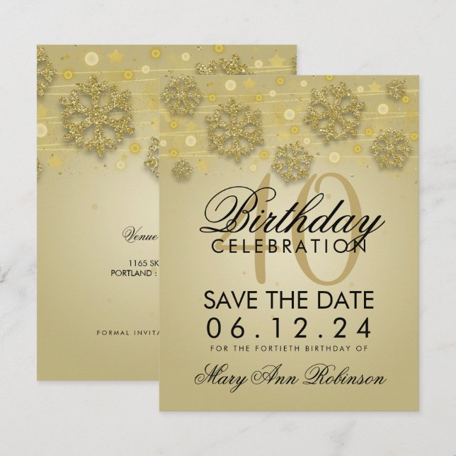 Invitation Gold 40th Birthday Save Date Winter (Devant / Derrière)