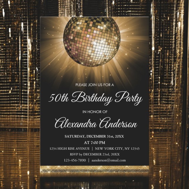 Invitation Gold 50th Birthday Party Gold Disco Ball (Créateur téléchargé)
