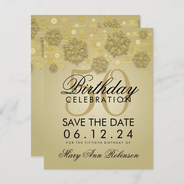 Invitation Gold 50th Birthday Save Date Winter (Devant / Derrière)