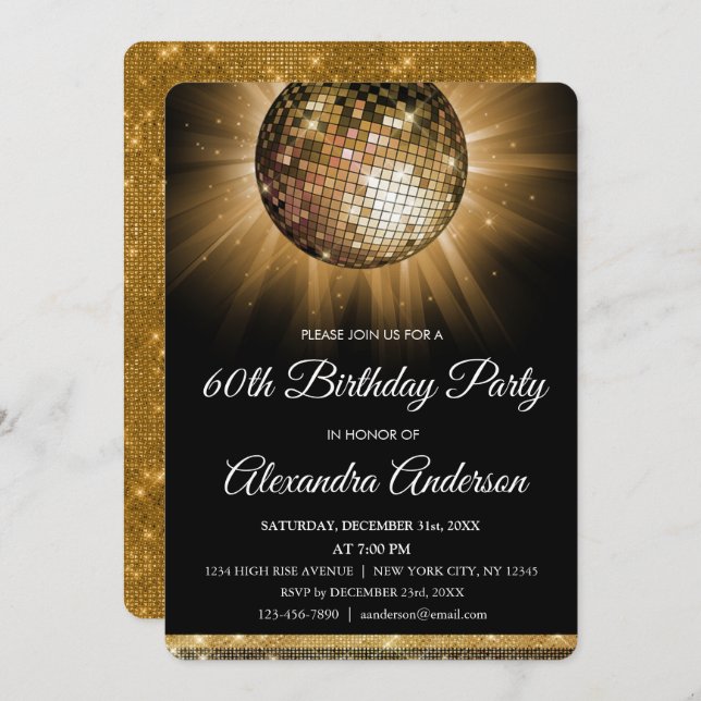 Invitation Gold 60th Birthday Party Gold Disco Ball (Devant / Derrière)
