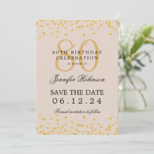 Invitation Gold 80e anniversaire Save Date Confetti Champagne