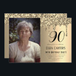 Invitation Gold 90th 90th Drip Elegant Anniversaire<br><div class="desc">Or,  noir,  simple,  photo,  élégant,  féminin,  adulte,  typographie,  étincelant,  glam,  aquarelle 90e anniversaire,  quatre-vingt-dixième invitations. Personnalisez-le avec vos détails.</div>
