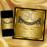 Invitation Gold 90th Birthday Party<br><div class="desc">Invitation de 90e anniversaire avec des numéros de diamants or et une bannière sur un arrière - plan noir et or. Cette belle invitation de fête de 90ème anniversaire en noir et or est facilement customisée pour votre événement. Vous pouvez modifier la couleur de l'arrière - plan. Ce design frappant...</div>
