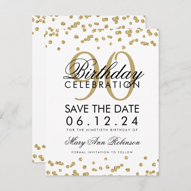 Invitation Gold 90th Birthday Save Date Confetti (Devant / Derrière)