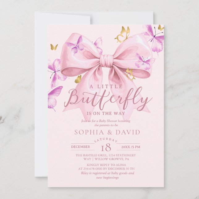 Invitation Gold A Little Butterfly  Pink Bow Baby Shower  (Devant)