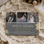 Invitation Gold Abstrait photo Collage Sweet 16 Anniversaire<br><div class="desc">Un abstrait cadeau de 16 photo collage d'anniversaire tendance avec 3 photos de la fille ou du garçon d'anniversaire, une couleur de bloc gris qui peut être changée à n'importe quelle couleur, des traits de peinture or et des confettis de parties scintillant or comme décoration avec un texte blanc moderne...</div>