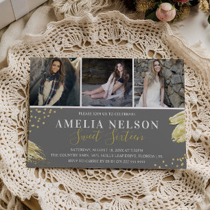 Invitation Gold Abstrait photo Collage Sweet 16 Anniversaire
